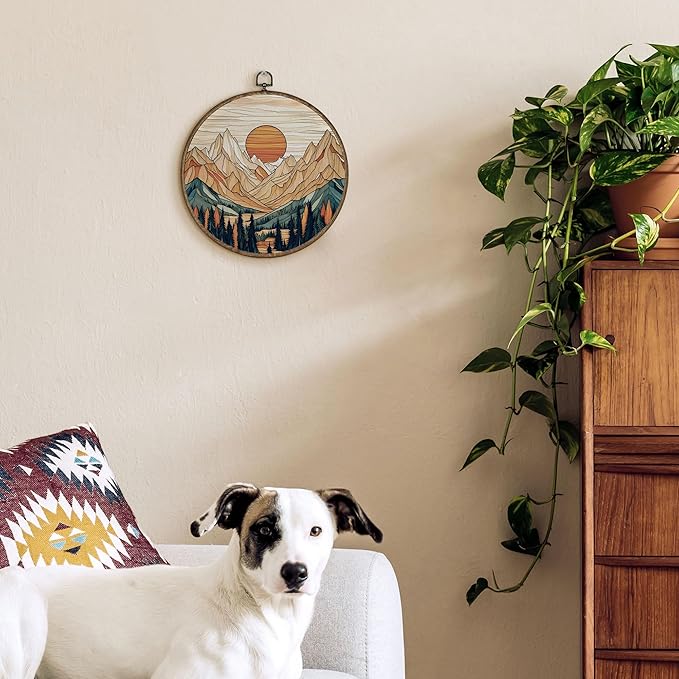 TLESKE Boho Vintage Sun Round Wall Art Decor Framed 10x10, Neutral Sunrise Mountain Woodland Canvas Wall Art Prints Artwork, Gothic Moody Wall Hanging Room Door Decor for Bedroom Living Room