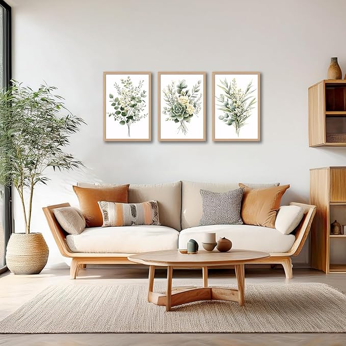 3Pcs Framed Vintage Botanical Wall Art Plant Floral Watercolor Canvas Prints Sage Green Painting Eucalyptus Leaf Picture Modern Minimalist Boho Bedroom Bathroom Living Room Ready to Hang 16x24in