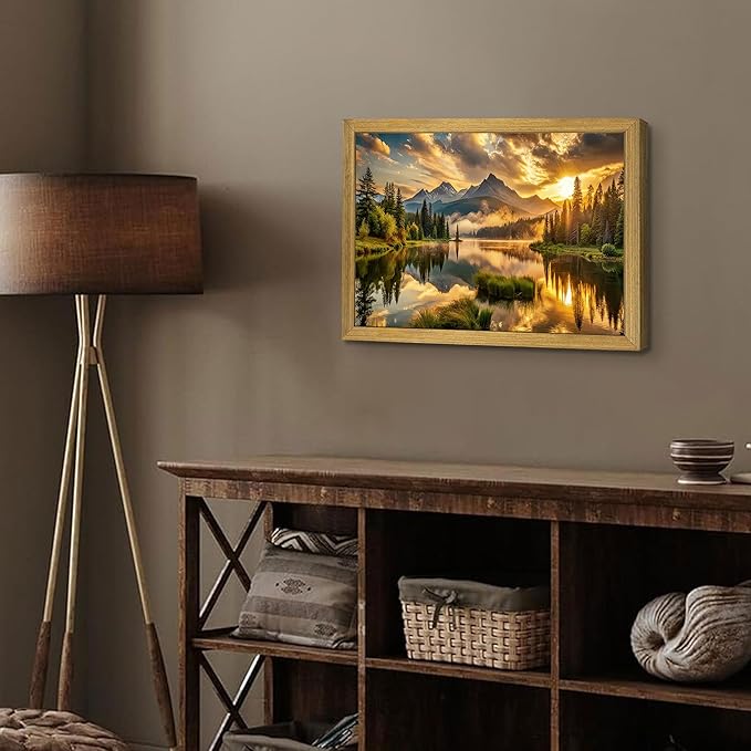 Framed Canvas Wall Art 12x16 Inch, Vintage Landscape Wall Art Decor, Countryside Farmhouse Sunset Landscape Wall Decor, Retro Mountain Vintage Painting Prints for Living Room Bedroom Home Bathroom Decor