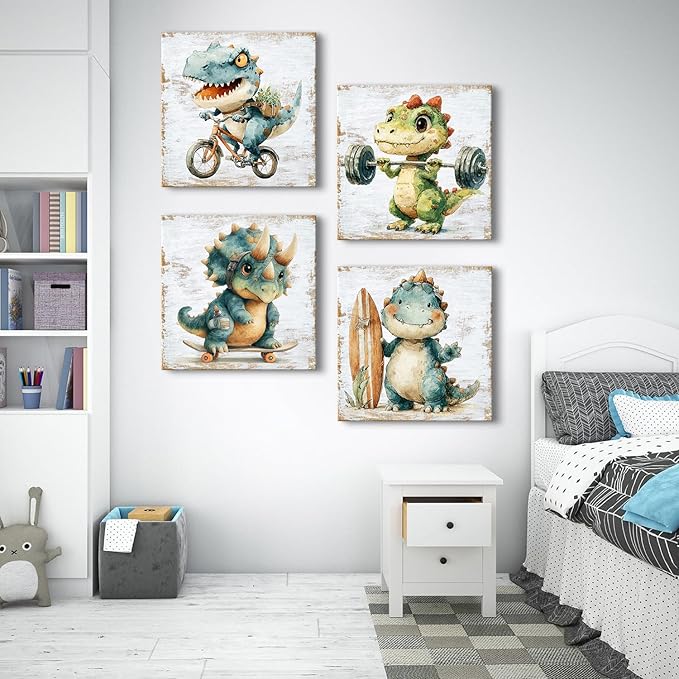 Dinosaur Wall Art Kids Room Wall Decor Cute Cartoon Dino Theme Pictures for Baby Boys Bedroom Nursery Playroom Decorations Watercolor T-Rex Sports Paintings Poster Artwork Home Decor 20x20” 4 Piece