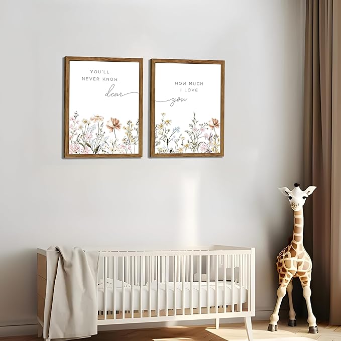 Wood Framed Wildflower Nursery Wall Art Set of 2, Boho Flower Botanical Wall Decor Paintings, Baby Girl Nurseries Pictures Posters Prints for Nursery Baby Room Bedroom Home Decoration 12x16 Inch