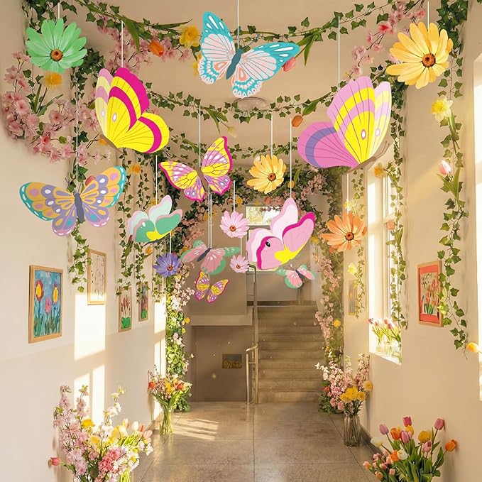 30 Pcs Spring Decorations for Classroom Spring Ceiling Hanging Decorations Kit with 20 Butterfly Bloom Flower and 10 Green Radish Garland for Party Wall Office Classroom School Decor