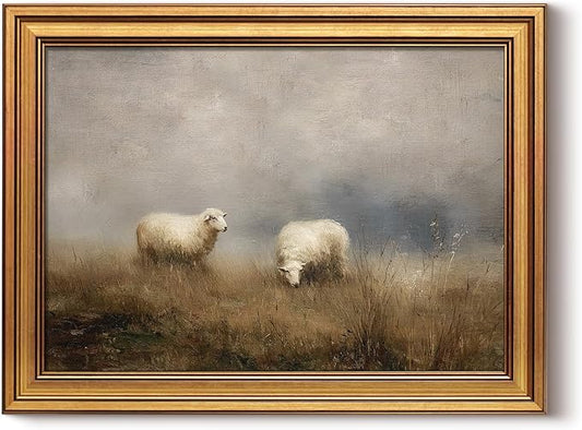 InSimSea Gold Framed Canvas Prints Wall Art, Vintage Sheep Nursery Decor, Pastoral Landscape Paintings Farmhouse Wall Decor Aesthetic, Antique Pictures for Bedroom Living Room Shelf, 12x16inch