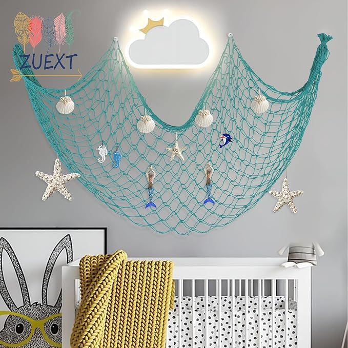 ZUEXT Aqua Decorative Fishing Net 5x10 ft, 3 Pack Large Picture Fish Net, Wall Photo Hanging Fishnet Decor for Nautical Mermaid Pirate Ocean Themed Hawaii Beach Under the Sea Party Decorations
