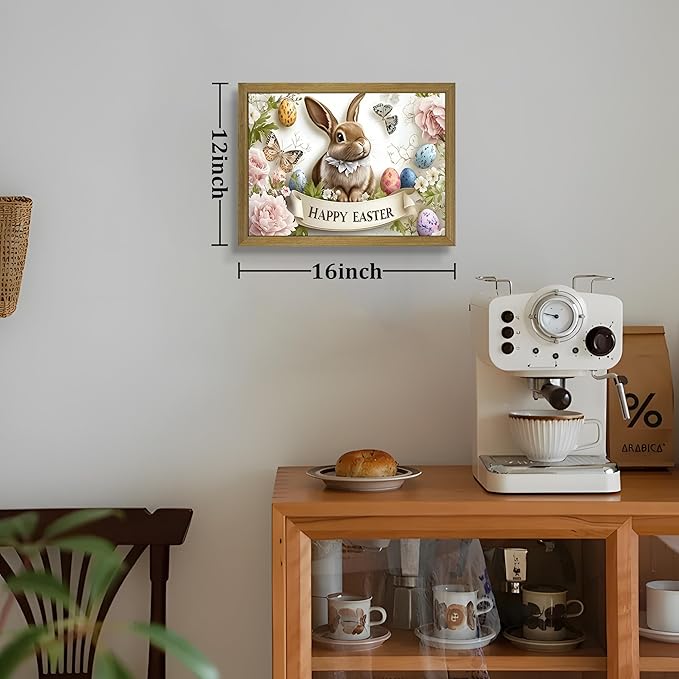 Framed Easter Bunny Wall Art, Vintage Holiday Decor Oil Painting, Rustic Farmhouse Spring Animal Wall Decor, Cute Rabbit Easter Eggs Canvas Print Paintings for Living Room Bedroom Nursery 12x16 Inch