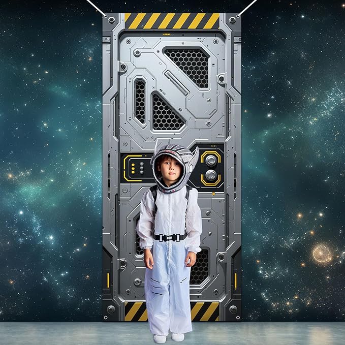 Outer Space Door Cover Galaxy Alien Theme Door Decoration Spaceship Indoor Backdrop Space Party Supplies Decor Space Station Studio Photo booth Props Spaceship Hatch Wall Decor for Boys Bedroom