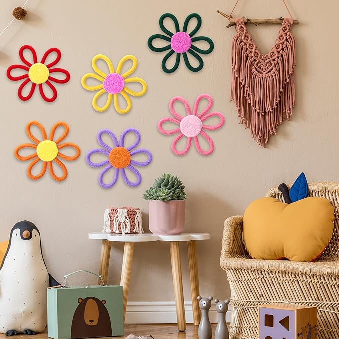 Ripeng 6 Pcs Boho Nursery Decor Flower Daisy Wall Art 6 Inch Woven Macrame Wall Hanging Bohemian Flower Decor Daisy Nursery for Baby Girls Kids Home Bedroom(Rainbow Color)