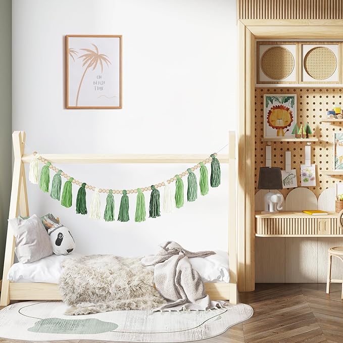 Boho Yarn Tassel Garland - Handmade Wall Hanging Decor for Nursery, Baby Shower, Kids Room, Classroom, Birthday Party | Macrame Tassels Bunting Banner for Bedroom, Office, Home Decoration (Green)
