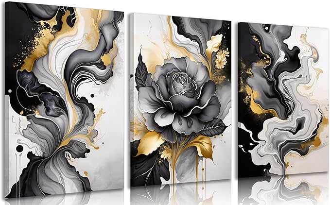 3pcs Black And Gold Abstract Canvas Wall Art Modern Black Grey And Gold Marble Wall Decor Pictures Minimalist Foil Fluid Texture Posters Prints for Living Room Bedroom Office Home Decoration