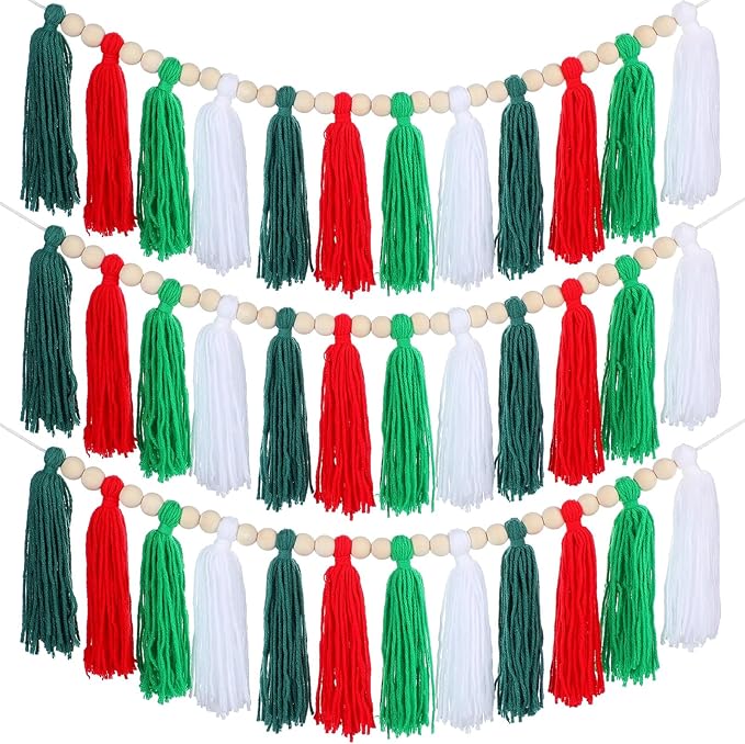 Zeyune 3 Pcs Christmas Tassel Garlands Red Green White Tassels Hanging Decor Xmas Rainbow Wall Hanging with Wood Beads for Christmas Party Supplies Bedroom Baby Shower