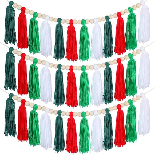 Zeyune 3 Pcs Christmas Tassel Garlands Red Green White Tassels Hanging Decor Xmas Rainbow Wall Hanging with Wood Beads for Christmas Party Supplies Bedroom Baby Shower