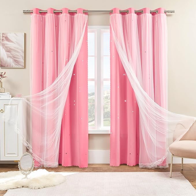 XiDi Pink Curtains for Girls Nursery Room 90 Inches Long Blackout Double Layer Curtains with Sheer Overlay for Kids Toddler Princess Bedroom Living Room Darkening Grommet Window Drapes W34 X L90