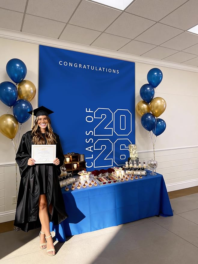 Class of 2026 Graduation Banner 5X6feet - Large CONGRATS GRAD Polyester Banner, Photo Backdrop & Wall Decor for Commencement Party Supplies, Blue and White Graduation Party Decorations for High School & College