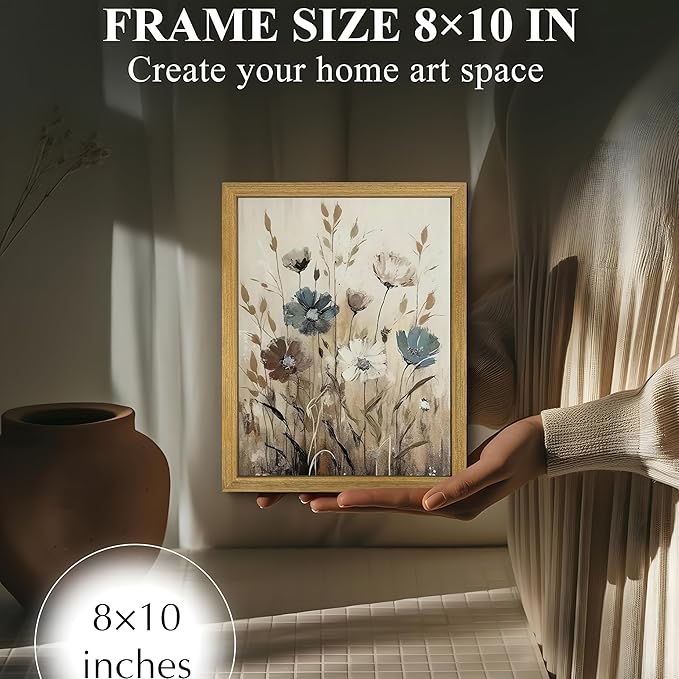 Yaneiro Wood Framed Vintage Wildflower Wall Art, Boho Canvas Wall Decor Paintings, Sage Flower Bathroom Decor, Countryside Farmhouse Landscape Posters Print for Bedroom Hallway Living Room 8x10 Inch
