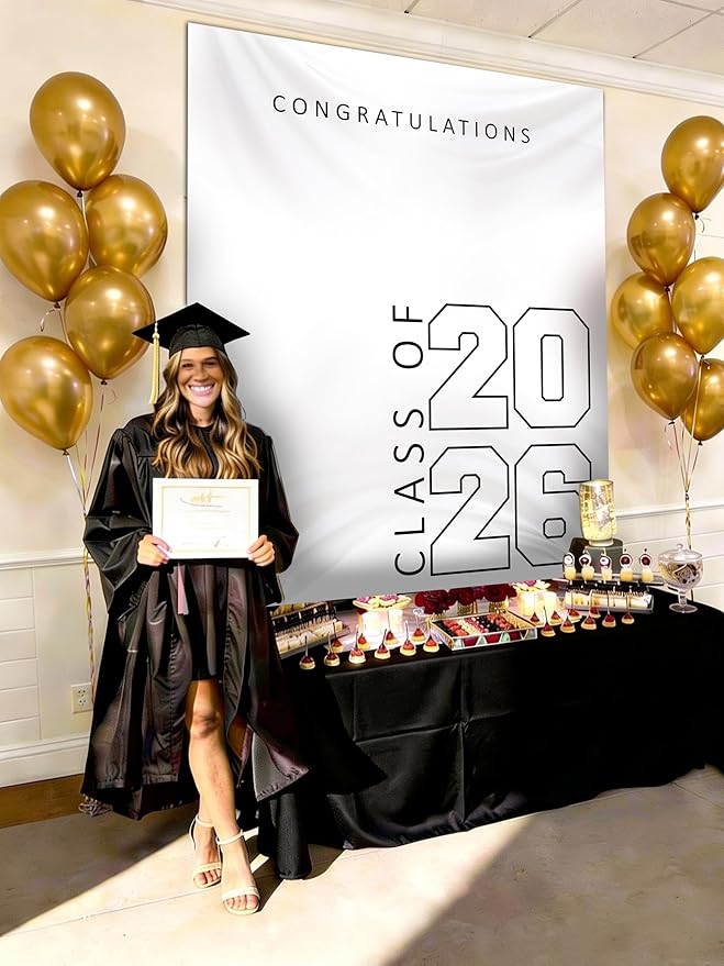 Class of 2026 Graduation Banner 5X6feet - Large CONGRATS GRAD Polyester Banner, Photo Backdrop & Wall Decor for Commencement Party Supplies, White and Black Graduation Party Decorations for High School & College