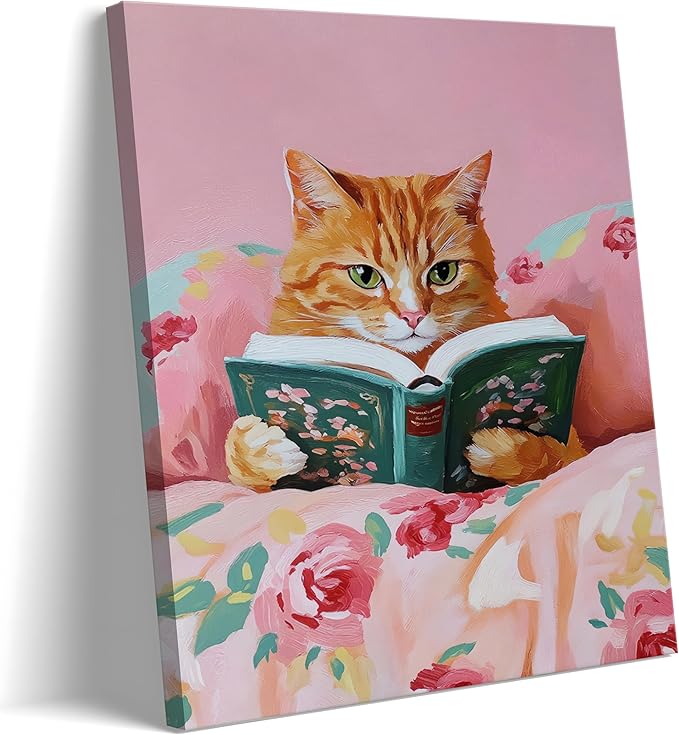 Framed Vintage Cats Canvas Wall Art, Funny Animal Reading Books Poster Printing Pictures, Pink Cute Cat Lovers Wall Decor for Girls Room Bedroom Kids Room Living Room Bathroom 16x24 in