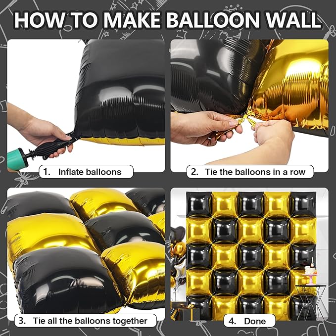 NISOCY 25PCS Black Gold Square Foil Balloons Wall Backdrop Double Sided Metallic Black Gold Balloons Arch Kit for 2026 New Year Graduation Anniversary Birthday Engagement Bridal Party Decorations