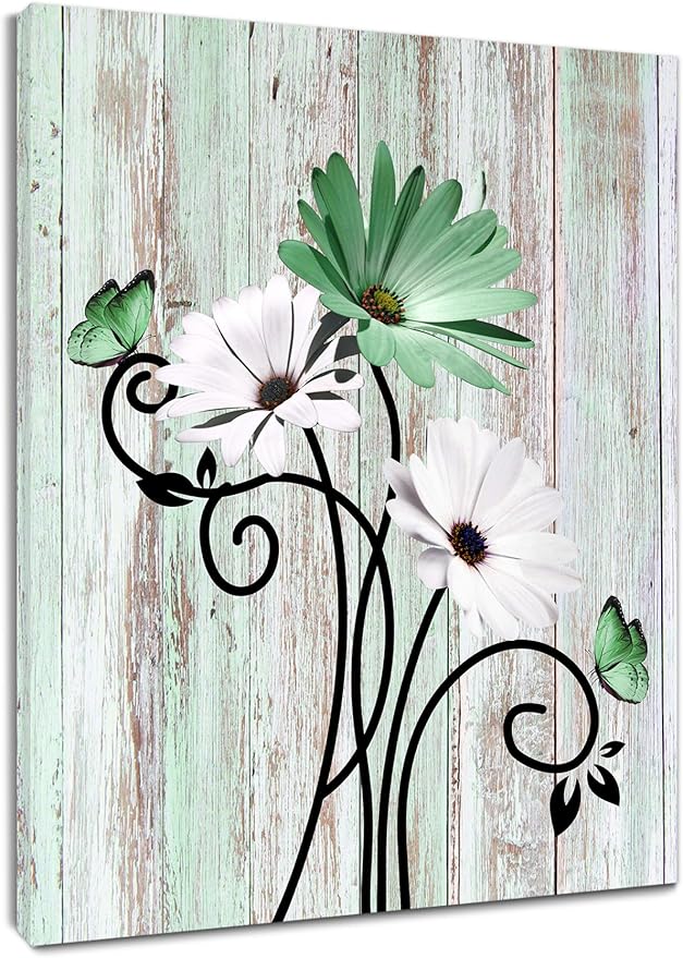 HVEST Green Floral Wall Art Rustic Farmhouse Daisy Flower and Butterfly Wall Art for Living Room, Vintage Canvas Print Artwork for Bathroom Bedroom Home Kitchen Office, 10L x 8W Inches