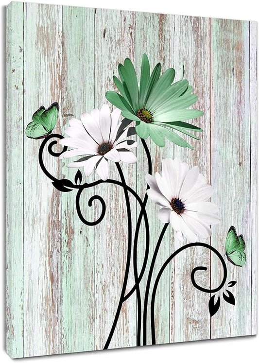 HVEST Green Floral Wall Art Rustic Farmhouse Daisy Flower and Butterfly Wall Art for Living Room, Vintage Canvas Print Artwork for Bathroom Bedroom Home Kitchen Office, 20L x 16W Inches