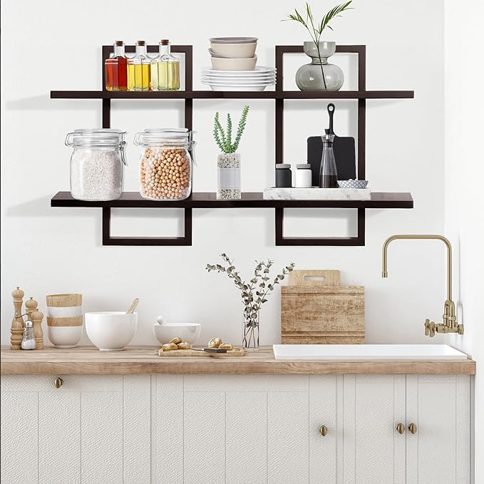 PHOENANCEE Floating Shelves for Wall,Display Hanging Shelf Set of 2,Modern Decorative Plants Shelves,Wood Home Decor Storage Chic for Living Room Bedroom Bathroom Office,Oak Frame,2-Tier (Walnut