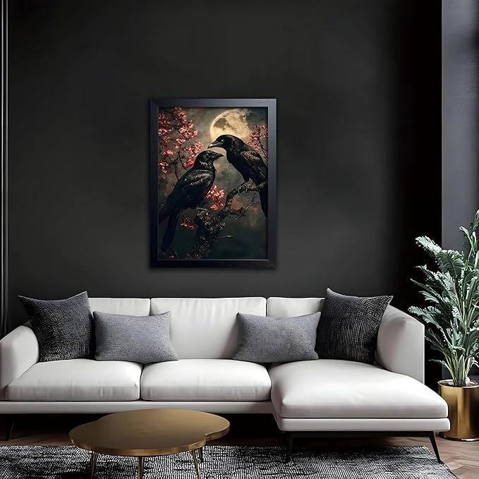 Vintage Framed Wall Art, Forest Gothic Decor, Dark Academia Celestial Moon Canvas Prints, Black Crow Cherry Blossom Painting Wall Decor for Living Room Bedroom – Black Wooden Frame 16x24 Inch
