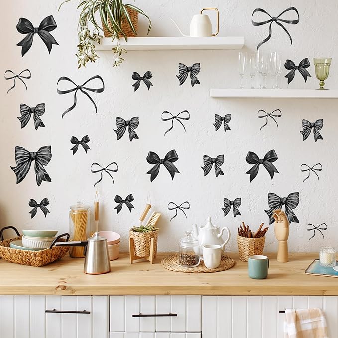 Whaline 12 Sheets Black Bow Wall Stickers Watercolor Bowknot Wall Decals Room Mural Stickers for Coquette Wedding Birthday Party Home Nursery Decor, 7.9 x 11.8 Inch