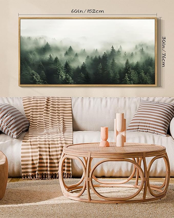 SHENIFY Green Fog Pine Tree Forest Vintage Framed Wall Art Modern Landscape Scenery Farmhouse Artwork Prints Decor for Hallway Bedroom Living Room Dining Room - 30x60in Natural Framed