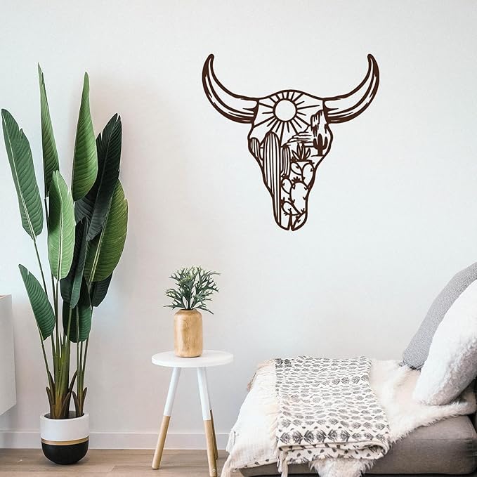 RESACO Cow Skull Metal Wall Art Western Wall Decor Western Bathroom Decorations Southwestern Decor Desert Wall Sculptures for Living Room Bedroom Indoor Outdoor (13in x 13in brown)