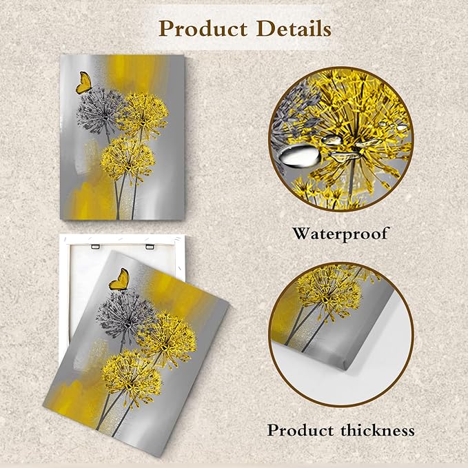 LB Yellow Dandelion Canvas Wall Art Yellow Grey Dandelion with Butterfly on Modern Abstract Wall Art Aesthetic Wall Decor for Living Room Bedroom Bathroom Office Framed Ready to Hang 16L x 12W