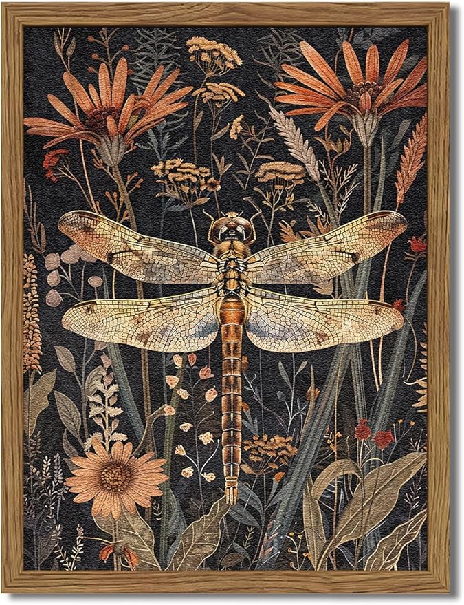 Framed Vintage 3D Textured Wall Art Dark Green Dragonfly Flowers Wall Decor Hand Drawn Sandstone Nature Botanical Paintings Pictures for Living Room Bedroom 12x16 inch