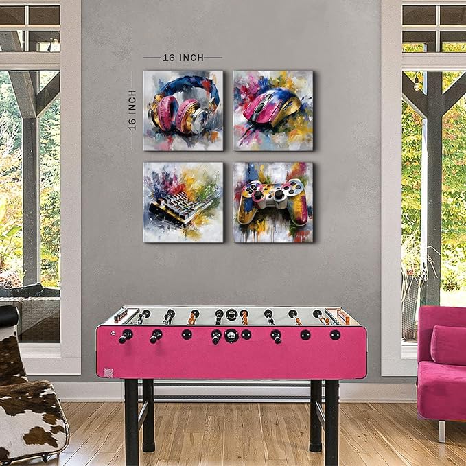 Gamer Canvas Wall Art Boys Gaming Wall Decor Colorful Abstract Gamer Decor for Teens Boy Bedroom Games Zone Theme Pictures Canvas Prints Cool Posters Video Game Painting Artwork Decorations 16x16”