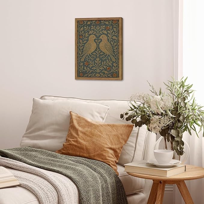 Framed Lovebirds Canvas Wall Art, Vintage Botanical Blue Rustic Wall Decor, Farmhouse Birds Botanical Pictures Prints, Nature Painting Artwork Aesthetic for Living Room Bedroom – 12x16 inch
