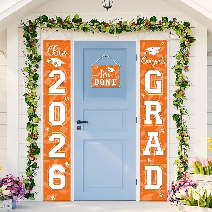 Moukeren 3 Pieces 2026 Graduation Party Decorations Graduation Porch Sign Class of 2026 Grad Hanging Porch Banner Backdrop Door Sign for Grad Party Home Door Wall Decor(Orange)