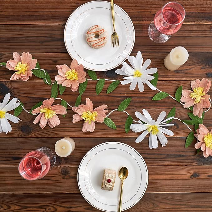 EASY JOY Crepe Paper Flowers Banner White Blush Pink Paper Flower Banner Spring Hanging Paper Flower Garland Paper Leaves Banner for Spring Birthday Wedding Home Decorations