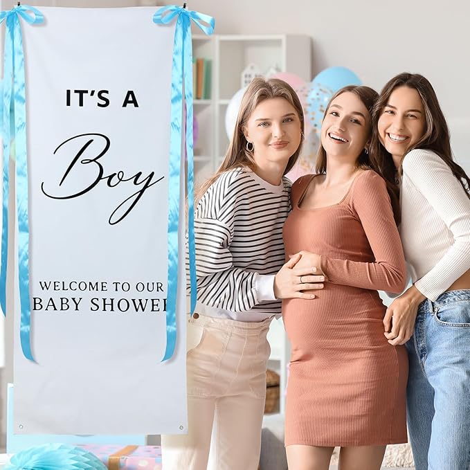 Oudain 24x60 Inch It's a Boy Burlap Banner, Baby Shower Fabric Backdrop with Pink Ribbons and Hooks, Rustic Boho Photo Props Sign for Gender Reveal Party Wall Hanging Indoor Outdoor Decoration