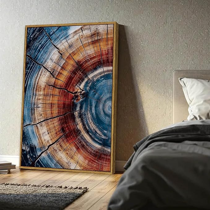 BingruiArt Large Framed Tree Ring Wall Art Blue and Red Boho Wall Decor Nature Print Wood Canvas Rustic Artwork Abstract Painting Modern Picture for Living Room Bedroom Bathroom 24"x36" Natural Framed(01)