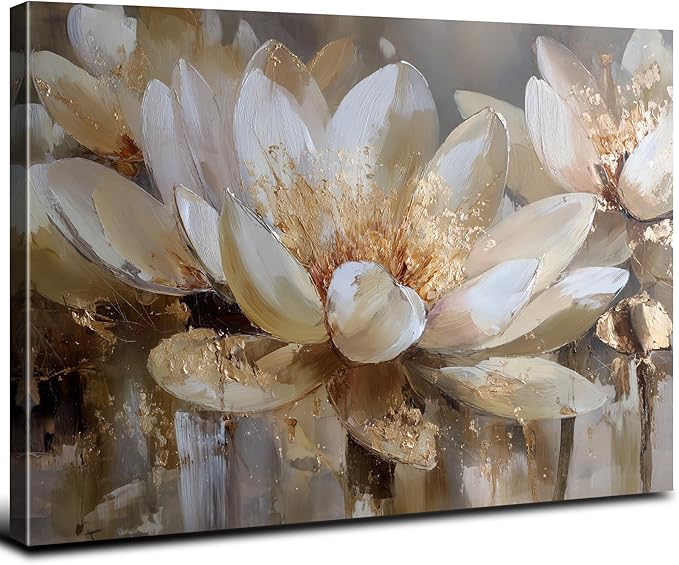 White and Gold Lotus Wall Art Floral Paintings Picture Wall Decor Abstract Zen Flowers Canvas Prints Spiritual Meditation Paintings Posters Minimalist Artwork Yoga Spa Bedroom Home Decoration 24x36"
