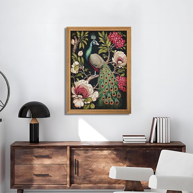Framed Vintage 3D Textured Wall Art, Hand Drawn Sandstone Peacock Wall Decor, Modern Farmhouse Decor, Rural Botanical Floral Picture Painting Artwork for Living Room Bedroom 12x16 inch