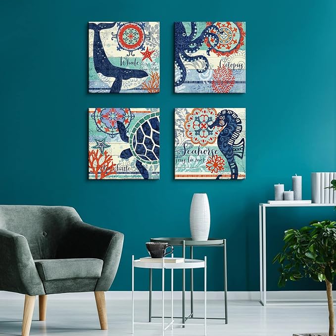 4 Panel Teal Blue Home Wall Art Decor Framed Artwork for Bathroom Living Room Canvas Print Beach Coastal Sea Turtle Octopus Seahorse Whale Pictures Posters Bedroom Decoration 20 x 20 / Piece Set