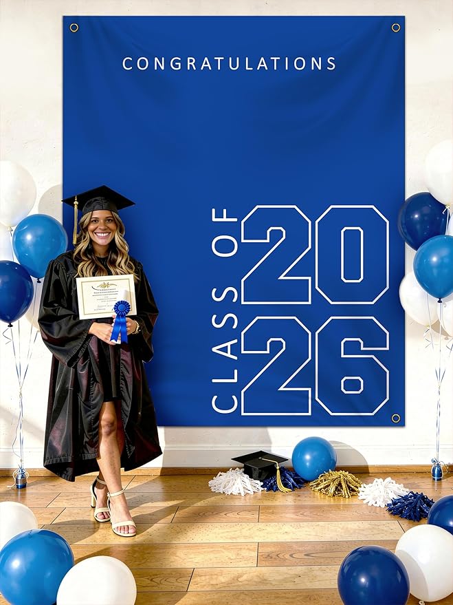 Class of 2026 Graduation Banner 5X6feet - Large CONGRATS GRAD Polyester Banner, Photo Backdrop & Wall Decor for Commencement Party Supplies, Blue and White Graduation Party Decorations for High School & College