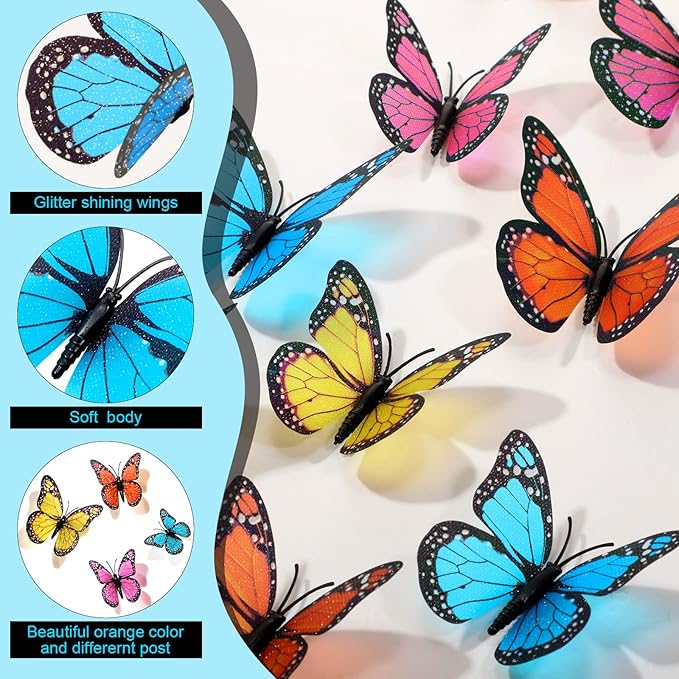 Chuangdi 48 Pcs Colorful Monarch Butterfly Decorations 3 Size Fake Butterflies Realistic Butterfly Craft Artificial Mariposas Wall Decor for Craft Wedding Home Birthday Party (3.2inch,4inch,4.7inch)