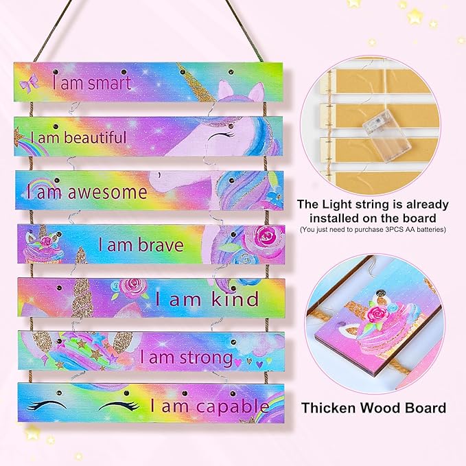 FIOBEE Girls Room Décor for Teen Girls Boys with LED Light Wall Decor for Bedroom Motivational Inspirational Wall Art Girl Room Decoration for Kids Studyroom, 8 Kinds of Lights, Rainbow Unicorn