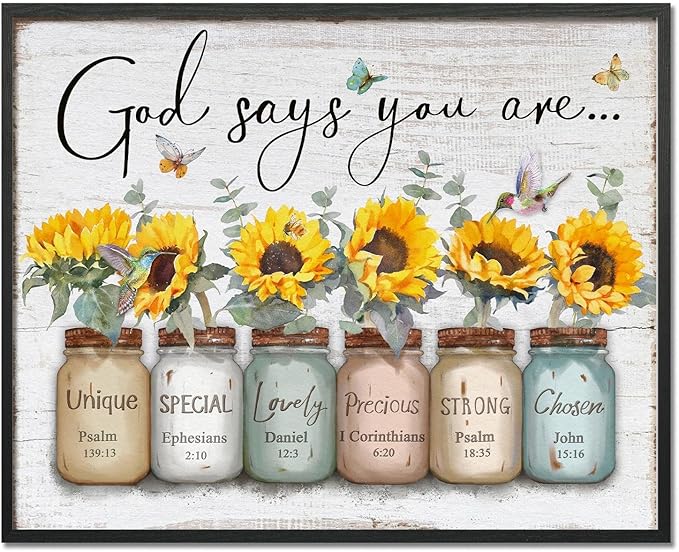 Inspirational Bible Verse Wall Art: God Says You Are Wall Sayings Sunflower in Mason Jar Picture Print Christian Gift Quotes Poster for Women Girl Bedroom Decor 16" x 20"