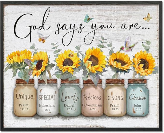 Inspirational Bible Verse Wall Art: God Says You Are Wall Sayings Sunflower in Mason Jar Picture Print Christian Gift Quotes Poster for Women Girl Bedroom Decor 24" x 30"