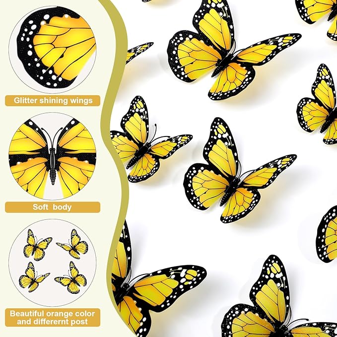 Chuangdi 48 Pcs Yellow Monarch Butterfly Decorations 3 Size Fake Butterflies Realistic Butterfly Craft Artificial Mariposas Wall Decor for Craft Wedding Home Birthday Party (3.2inch,4inch,4.7inch)
