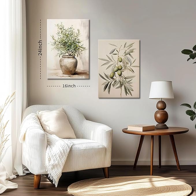 2Pcs Framed Botanical Wall Art Green Olive Branches Poster Print Neutral Farmhous Plant Picture Canvas Painting Wall decor for Living Room Kitchen or Dining Room Decor 16x24IN