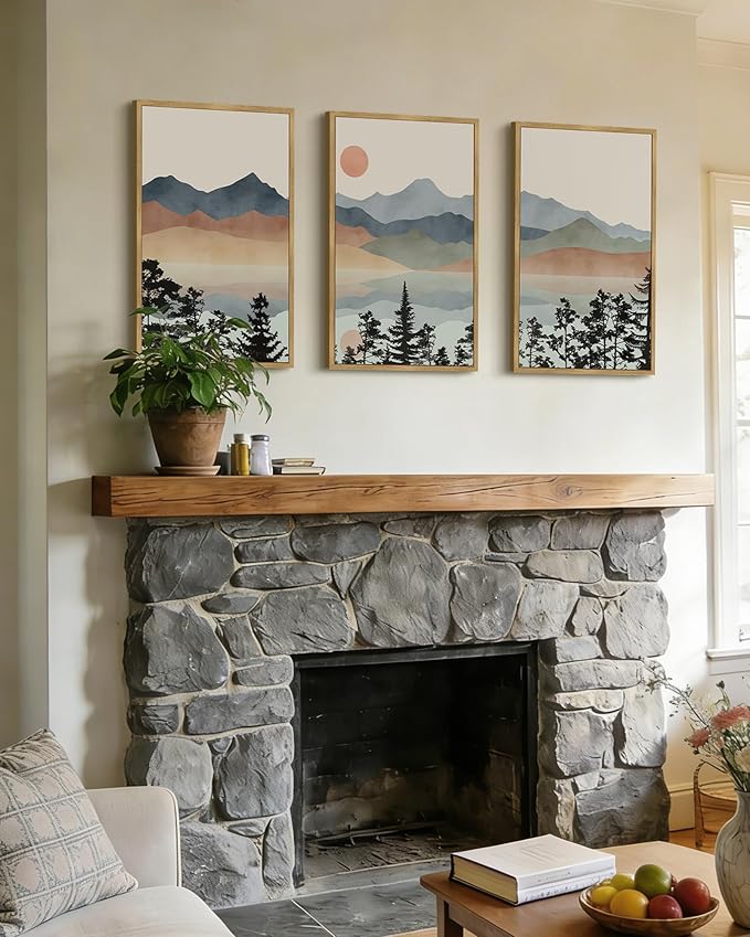 Drsoum Mountain Range Landscape Wall Art Framed Ink Wash Watercolor Nature Wall Decor Laker Sun Rises Prints Bedroom Living Room Ready to Hang 16x24in Natural Framed