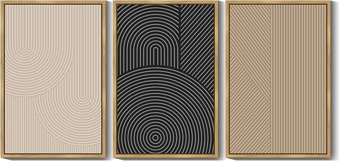 Drsoum Mid-Century Modern Framed Wall Art Large 24x36in Minimalist Abstract Boho Neutral Line Wall Decor Geometric Artwork Kitchen Dining Room Natural Framed