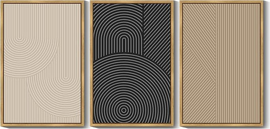 Drsoum Mid-Century Modern Framed Wall Art Large 24x36in Minimalist Abstract Boho Neutral Line Wall Decor Geometric Artwork Kitchen Dining Room Natural Framed