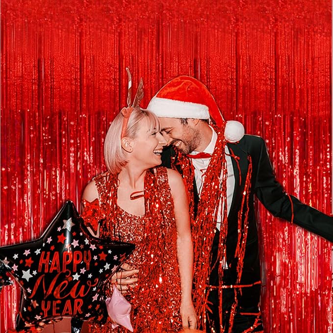 10 Pack Red Streamers Party Backdrop Christmas Decorations Foil Fringe Backdrop Curtains Carnival Casino Theme Birthday New Year Holiday Celebration Bachelorette Party Decorations Supplies